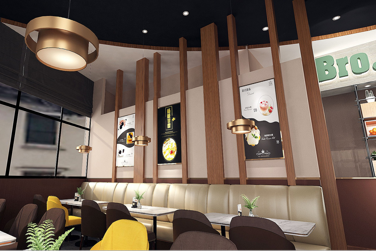 美國開心點(diǎn)餐廳：木紋不銹鋼天花裝飾